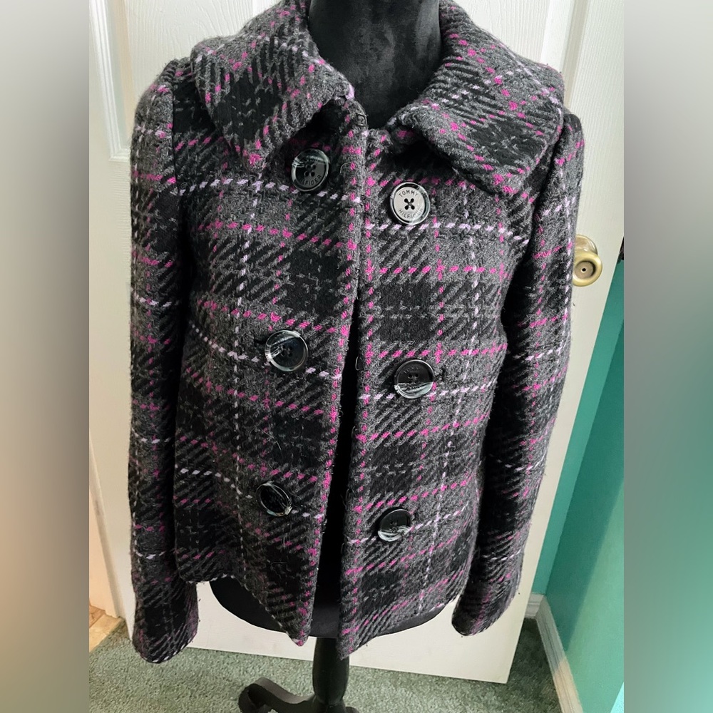 Tommy Hilfiger Double Breasted Wool Blend Pea Coat Women’s SP Charcoal & Pink